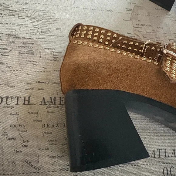 Jeffrey Campbell Free People Studded Suede Chunky Heels Size 9.5 Carmel/Gold - Picture 4 of 11